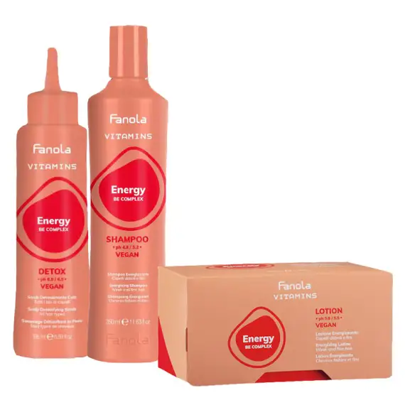 FANOLA Kit Vitamins Energy Vegan Scrub 195ml + Shampoo 350ml + Lotion 12x10ml