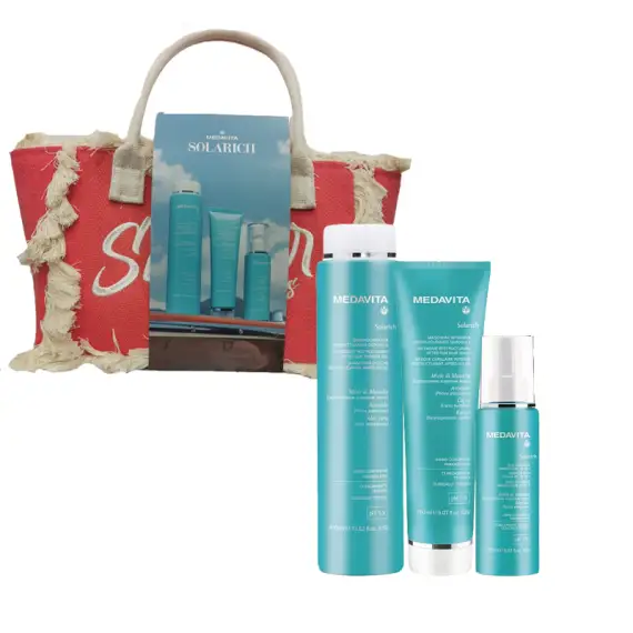 MEDAVITA Set Solarich Con Borsa Mare Rossa Shampoo Doccia 400ml + Maschera 150ml + Olio In Crema 10 In 1 150ml