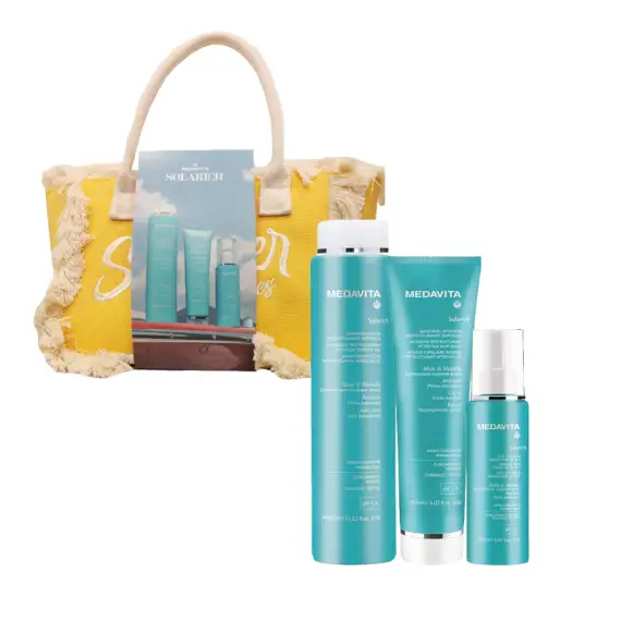 MEDAVITA Set Solarich Con Borsa Mare Gialla Shampoo Doccia 400ml + Maschera 150ml + Olio In Crema 10 In 1 150ml