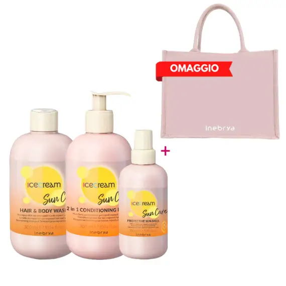 INEBRYA Kit Ice Cream Hair & Body Wash Shampoo 300ml + Mask 300ml + Protective Sun Milk 100ml + Omaggio Pochette Mare