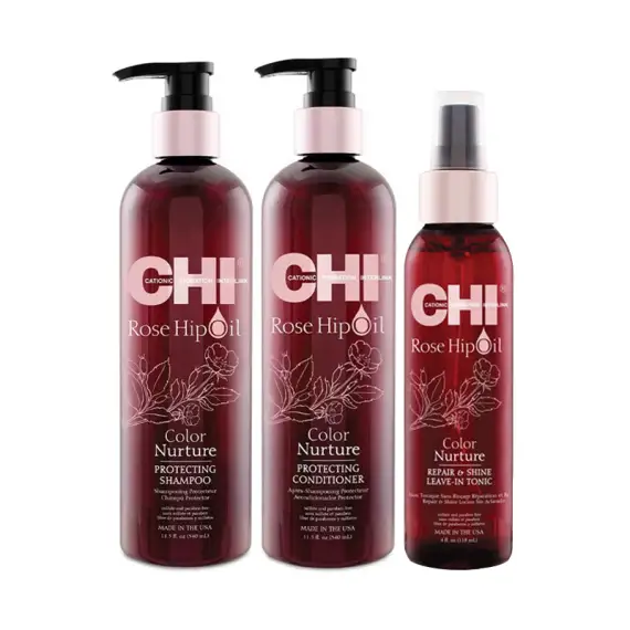FAROUK Kit CHI Rose Hip Oil Color Protecting Shampoo 340ml + Conditioner 340ml + Repair Tonic 118ml
