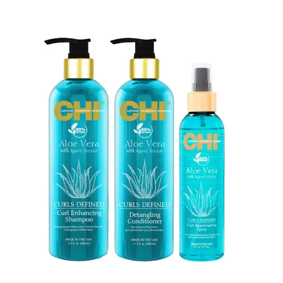 FAROUK Kit CHI Aloe Vera Curls Shampoo 340ml + Conditioner 340ml + Reactivating Spray 177ml